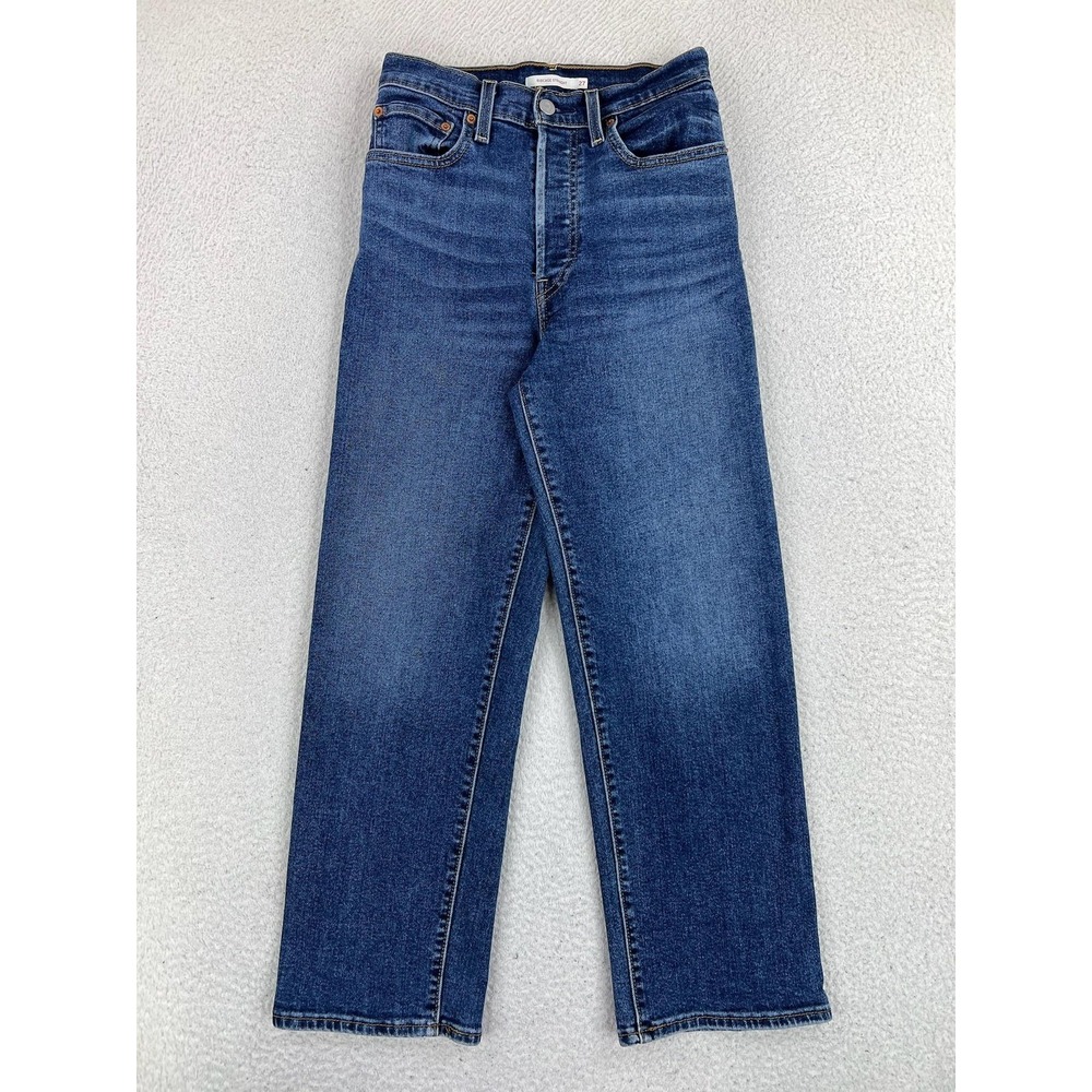 Levis Ribcage Straight Jeans Womens 27 Blue Med Wash High Rise Button Fly Denim
